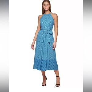 DKNY chiffon‎ halter midi dress blue print size 10 NWT